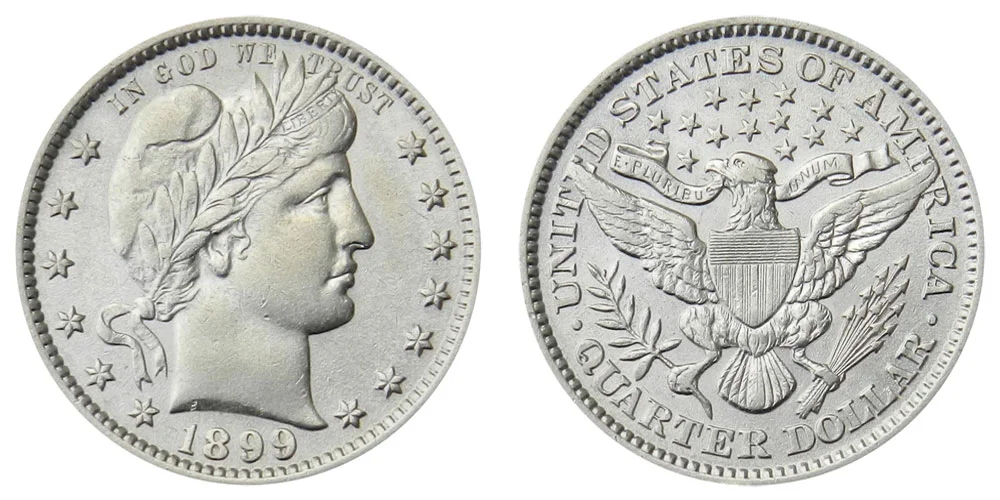 1899 Barber quarter obverse and reverse side-by-side showing Liberty head design and heraldic eagle