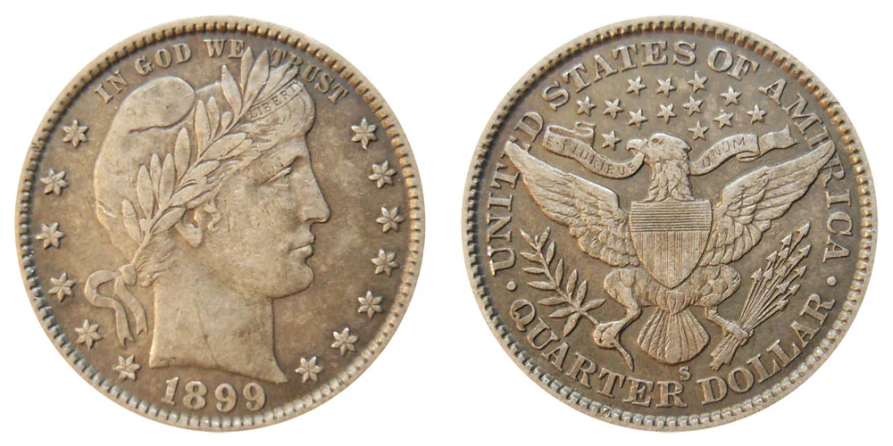 Side-by-side comparison of 1899-P quarter reverse (no mint mark) and 1899-S quarter reverse with S mint mark visible below eagle