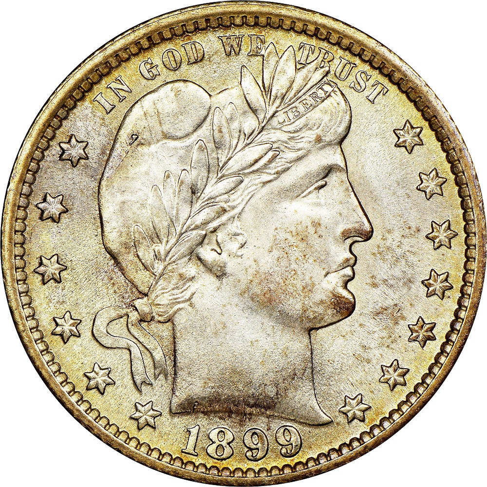 Close-up of 1899 Barber quarter date showing re-punched date RPD error with secondary 9 impression visible