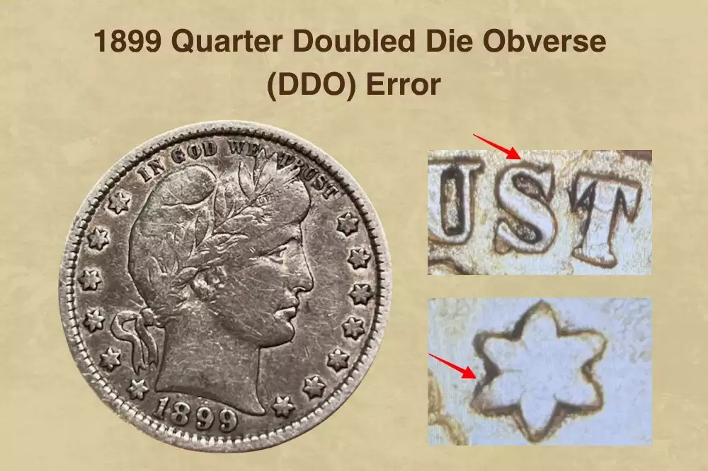 Macro photo of 1899 Barber quarter obverse showing Doubled Die Obverse DDO error with visible doubling on IN GOD WE TRUST motto