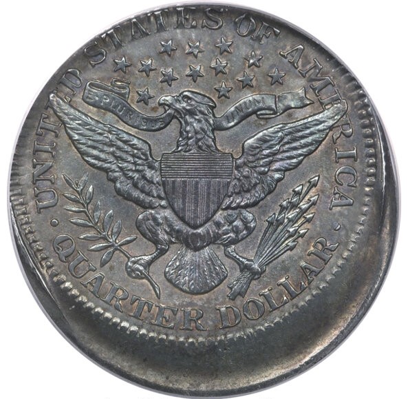 1899 Barber quarter off-center strike error showing crescent of blank planchet at the rim while Liberty's head remains partially visible