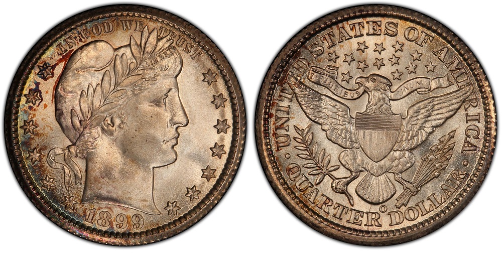 Grading strip showing four 1899 Barber quarters in Good, Fine, About Uncirculated, and Mint State condition grades for comparison